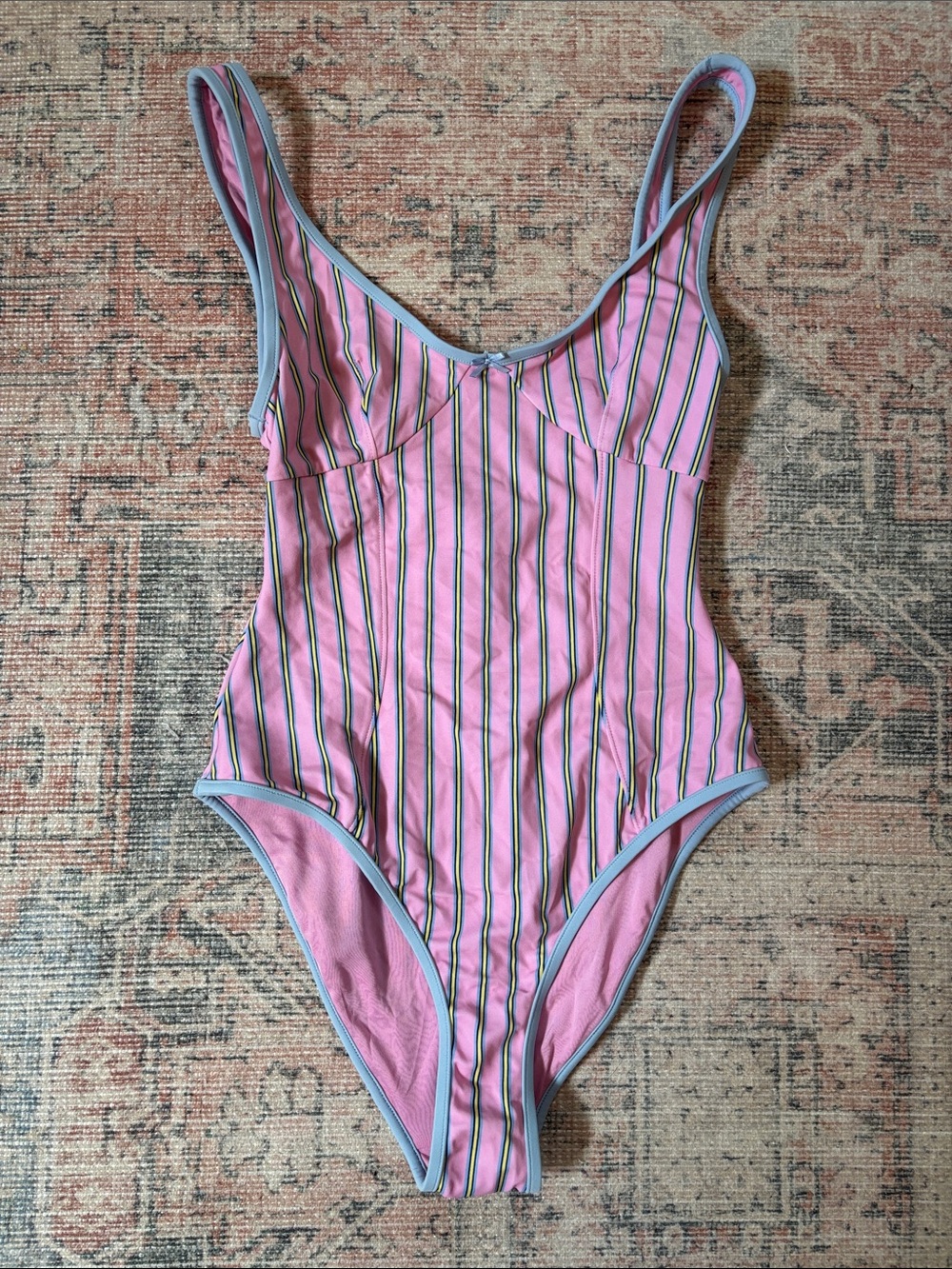 NEW✨ Pink by Frankie’s Bikinis Striped One-Piece Swimsuit with Blue Trim Size XS